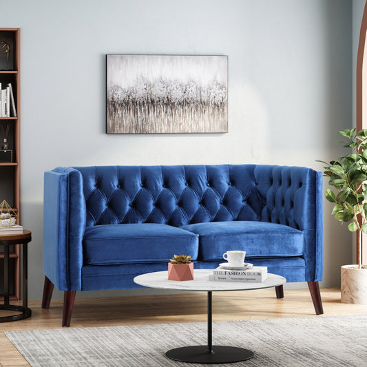 Navy Blue Loveseat Button Tufted Sofa with Wood Legs