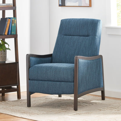 Navy Blue Mid-Century Upholstered Push-Back Recliner with Footrest and Birch Wood Frame