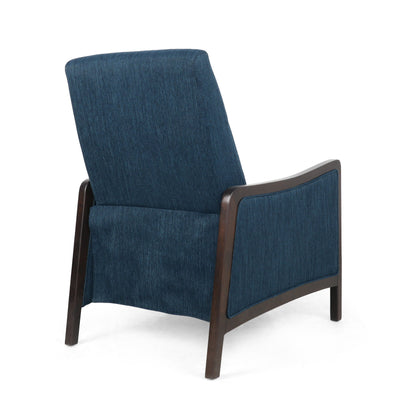 Navy Blue Mid-Century Upholstered Push-Back Recliner with Footrest and Birch Wood Frame