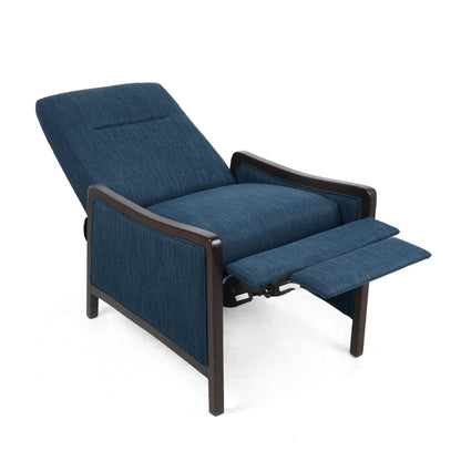 Navy Blue Mid-Century Upholstered Push-Back Recliner with Footrest and Birch Wood Frame
