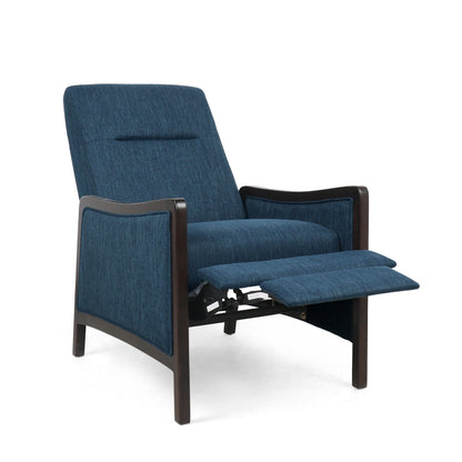 Navy Blue Mid-Century Upholstered Push-Back Recliner with Footrest and Birch Wood Frame