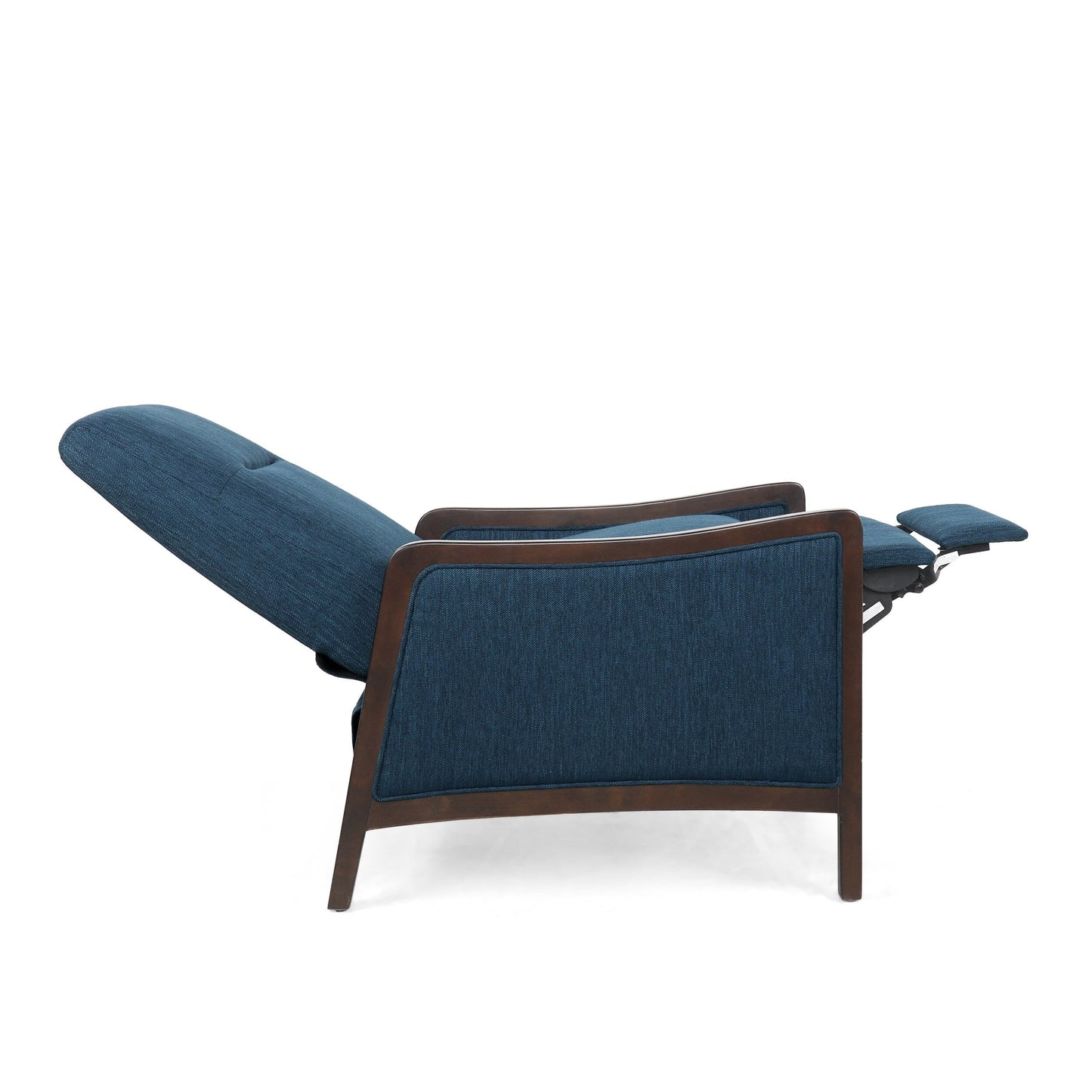 Navy Blue Mid-Century Upholstered Push-Back Recliner with Footrest and Birch Wood Frame