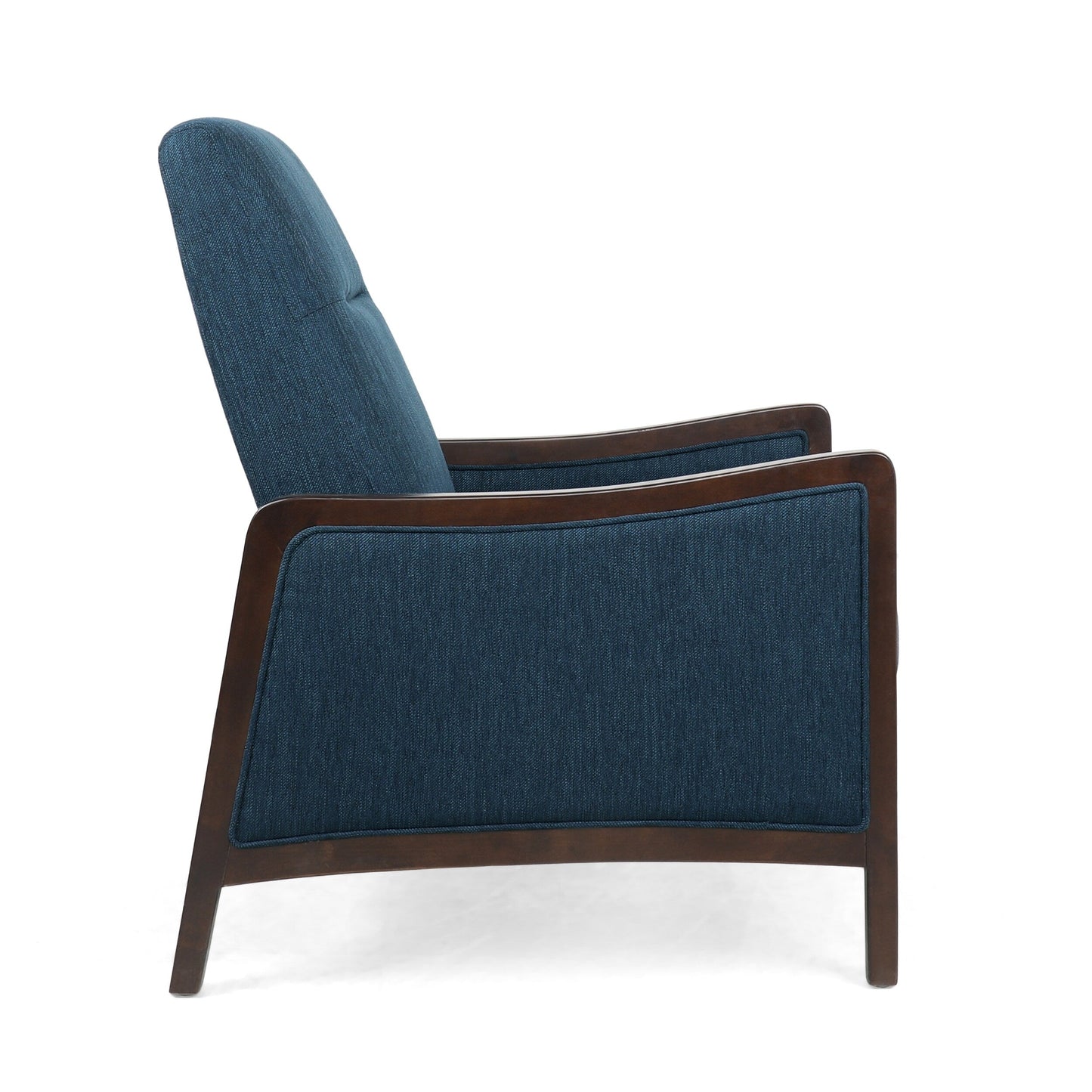 Navy Blue Mid-Century Upholstered Push-Back Recliner with Footrest and Birch Wood Frame