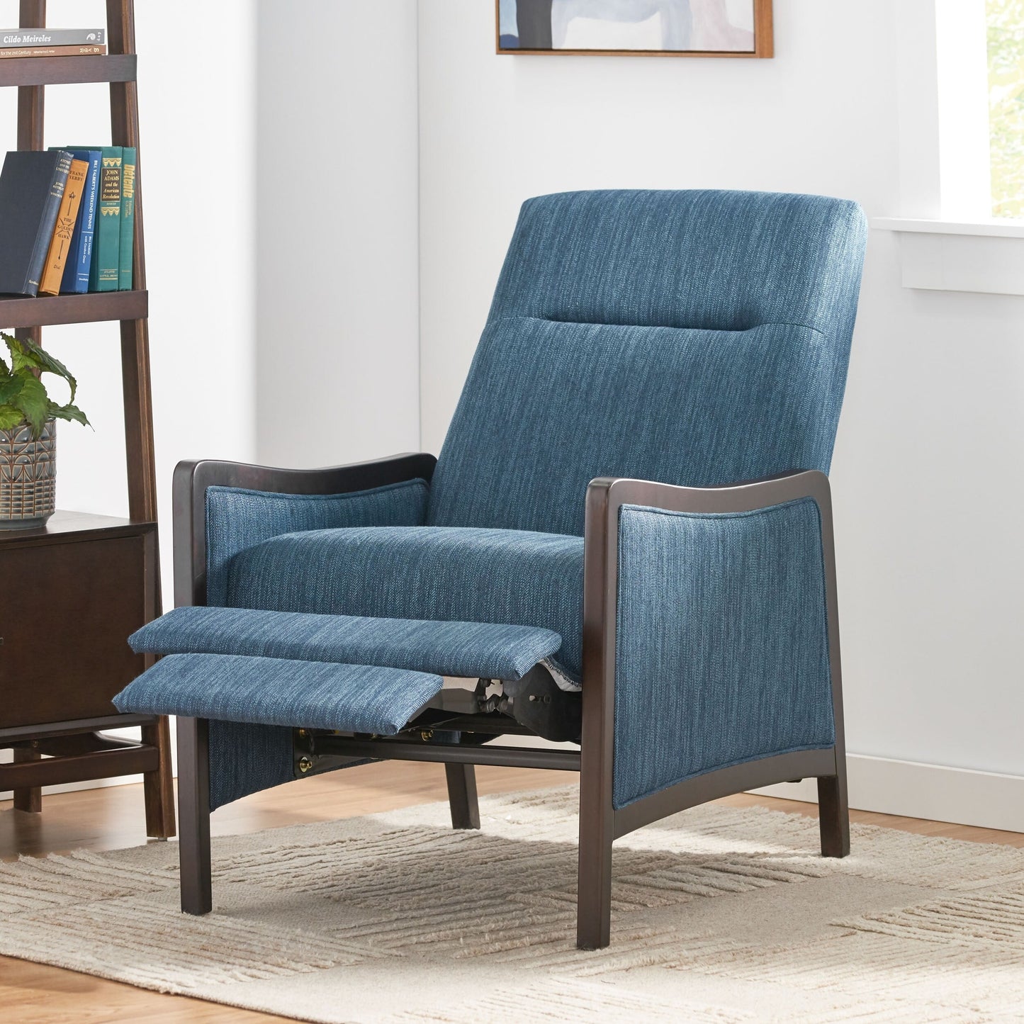 Navy Blue Mid-Century Upholstered Push-Back Recliner with Footrest and Birch Wood Frame