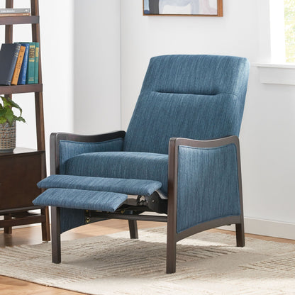 Navy Blue Mid-Century Upholstered Push-Back Recliner with Footrest and Birch Wood Frame