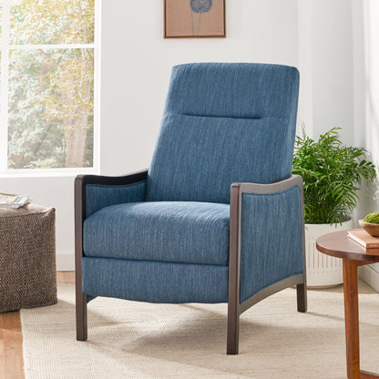 Navy Blue Mid-Century Upholstered Push-Back Recliner with Footrest and Birch Wood Frame