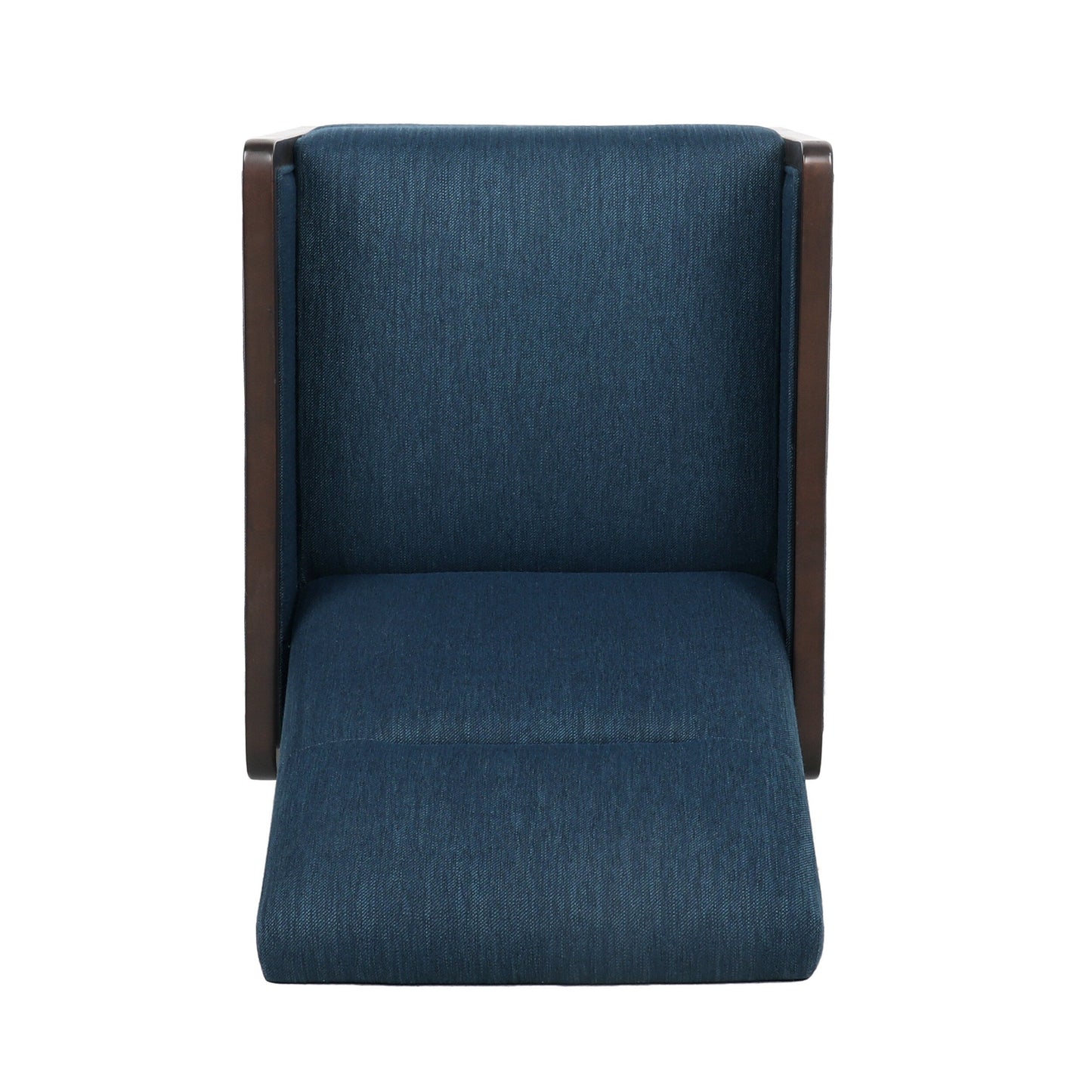 Navy Blue Mid-Century Upholstered Push-Back Recliner with Footrest and Birch Wood Frame