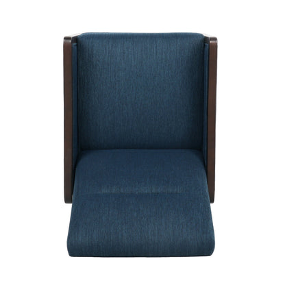 Navy Blue Mid-Century Upholstered Push-Back Recliner with Footrest and Birch Wood Frame