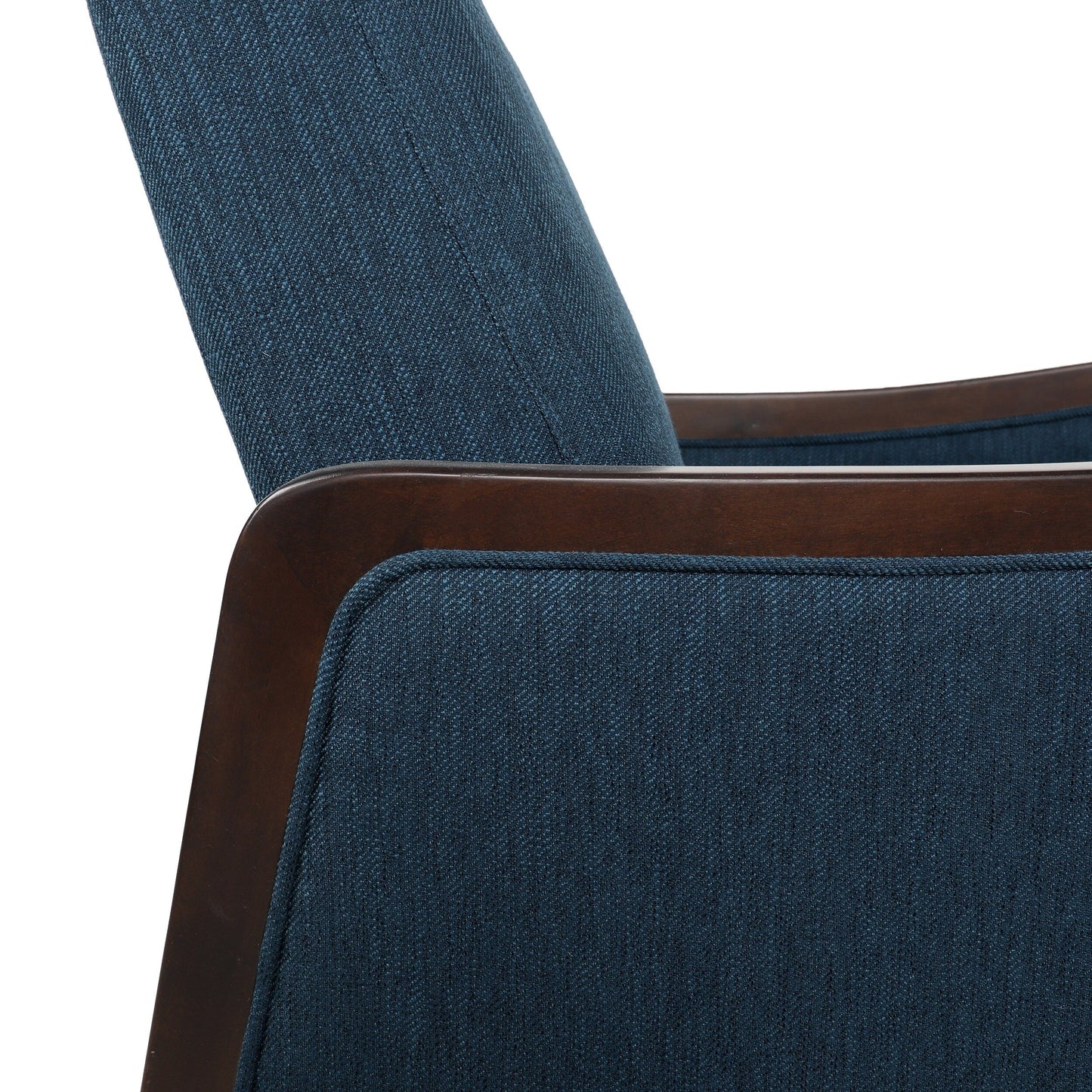 Navy Blue Mid-Century Upholstered Push-Back Recliner with Footrest and Birch Wood Frame