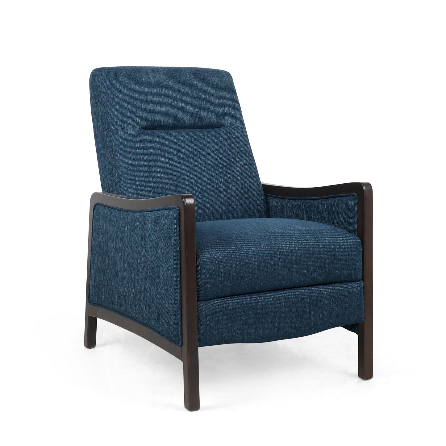 Navy Blue Mid-Century Upholstered Push-Back Recliner with Footrest and Birch Wood Frame