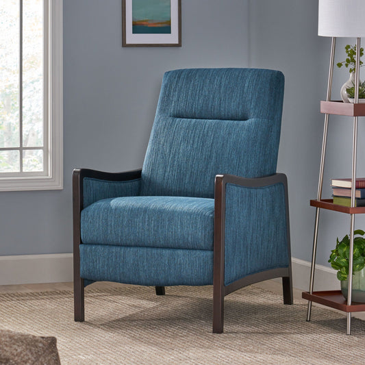 Navy Blue Mid-Century Upholstered Push-Back Recliner with Footrest and Birch Wood Frame