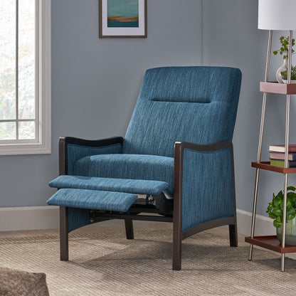 Navy Blue Mid-Century Upholstered Push-Back Recliner with Footrest and Birch Wood Frame
