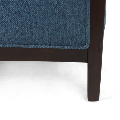 Navy Blue Mid-Century Upholstered Push-Back Recliner with Footrest and Birch Wood Frame