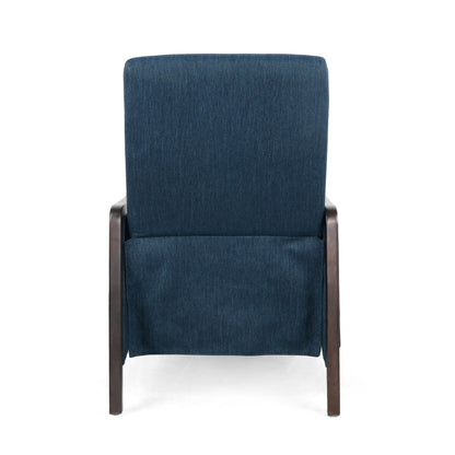 Navy Blue Mid-Century Upholstered Push-Back Recliner with Footrest and Birch Wood Frame