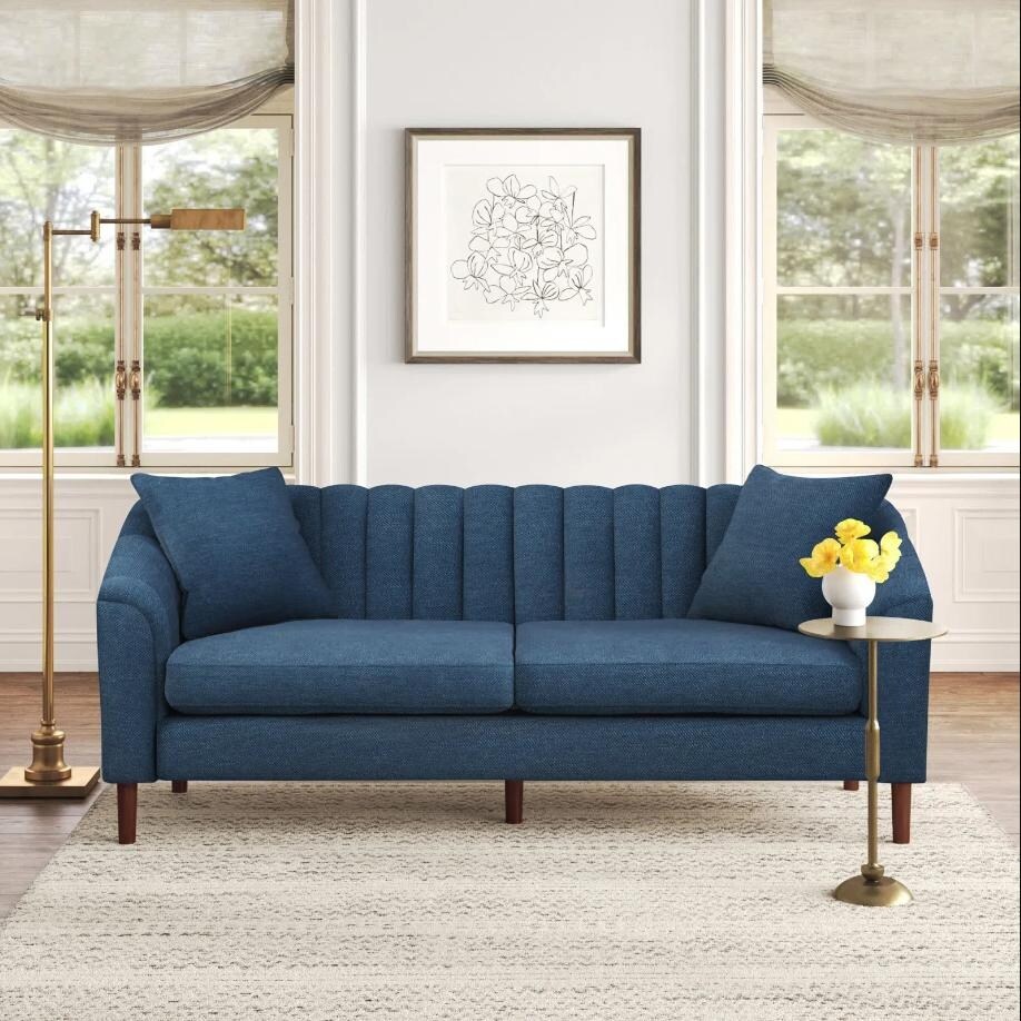 Navy Blue Modern 84.5 3-seater Sofa with Wood Legs and Pillows for Living Room
