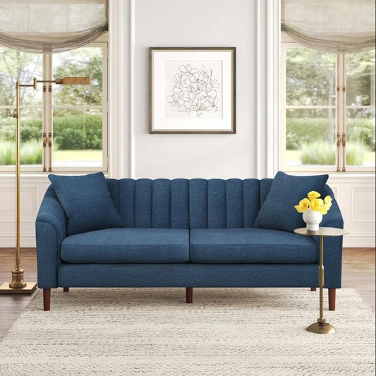 Navy Blue Modern 84.5 3-seater Sofa with Wood Legs and Pillows for Living Room