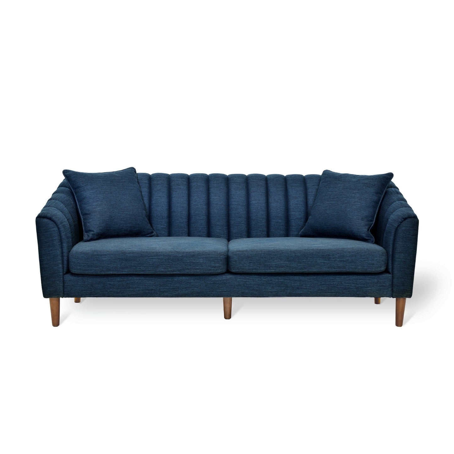 Navy Blue Modern 84.5 3-seater Sofa with Wood Legs and Pillows for Living Room