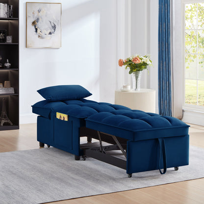Navy Velvet Folding Sofa Bed with Adjustable Backrest