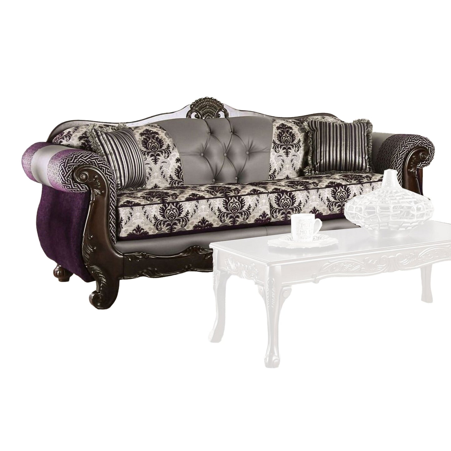 Nicola Sofa, Purple, Gray Chenille, Faux Leather, 2 Pillows 93 Inch