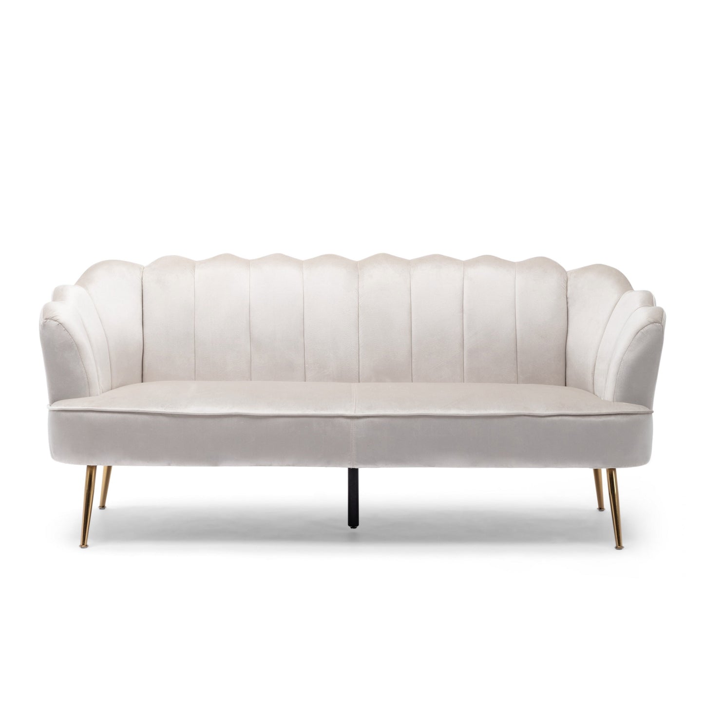 Nika Sofa, 3 Seater, Channel Stitching, 76 Inch, Beige Velvet, Gold
