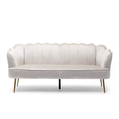 Nika Sofa, 3 Seater, Channel Stitching, 76 Inch, Beige Velvet, Gold