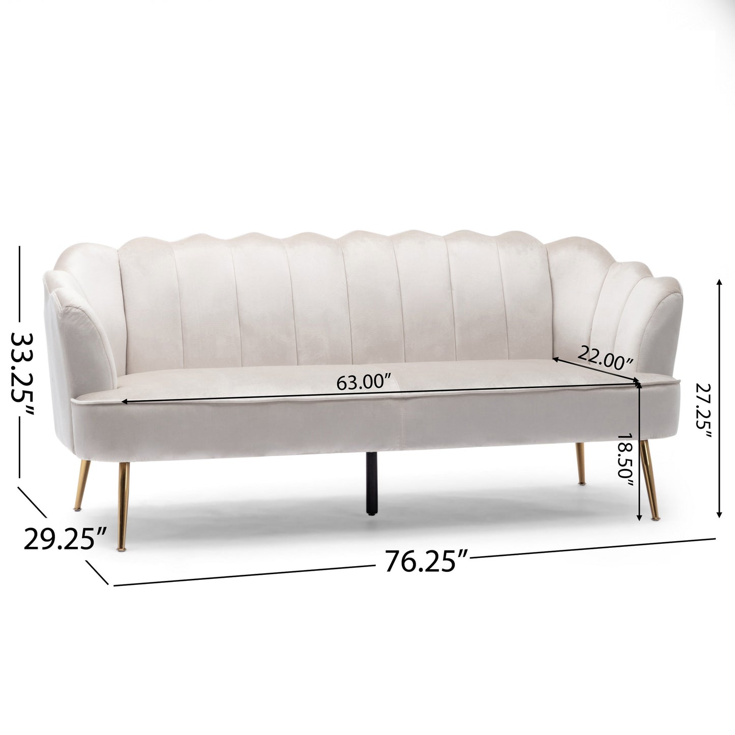 Nika Sofa, 3 Seater, Channel Stitching, 76 Inch, Beige Velvet, Gold