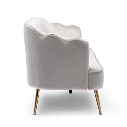 Nika Sofa, 3 Seater, Channel Stitching, 76 Inch, Beige Velvet, Gold