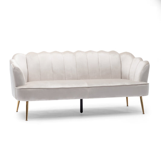 Nika Sofa, 3 Seater, Channel Stitching, 76 Inch, Beige Velvet, Gold