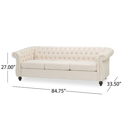 Nisy 3 Seater Sofa, Chesterfield Beige Fabric Tufted Back, 85 Inch