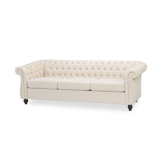 Nisy 3 Seater Sofa, Chesterfield Beige Fabric Tufted Back, 85 Inch