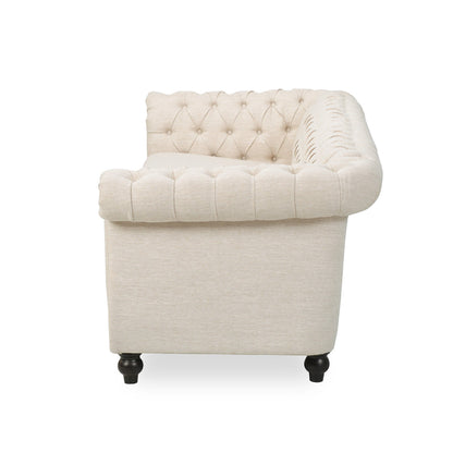Nisy 3 Seater Sofa, Chesterfield Beige Fabric Tufted Back, 85 Inch