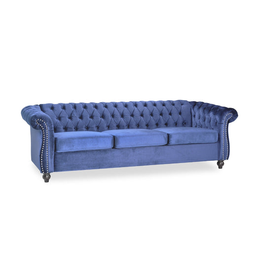 Nisy 3 Seater Sofa, Chesterfield Dark Blue Velvet Tufted Back, 85 Inch