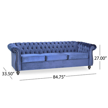 Nisy 3 Seater Sofa, Chesterfield Dark Blue Velvet Tufted Back, 85 Inch