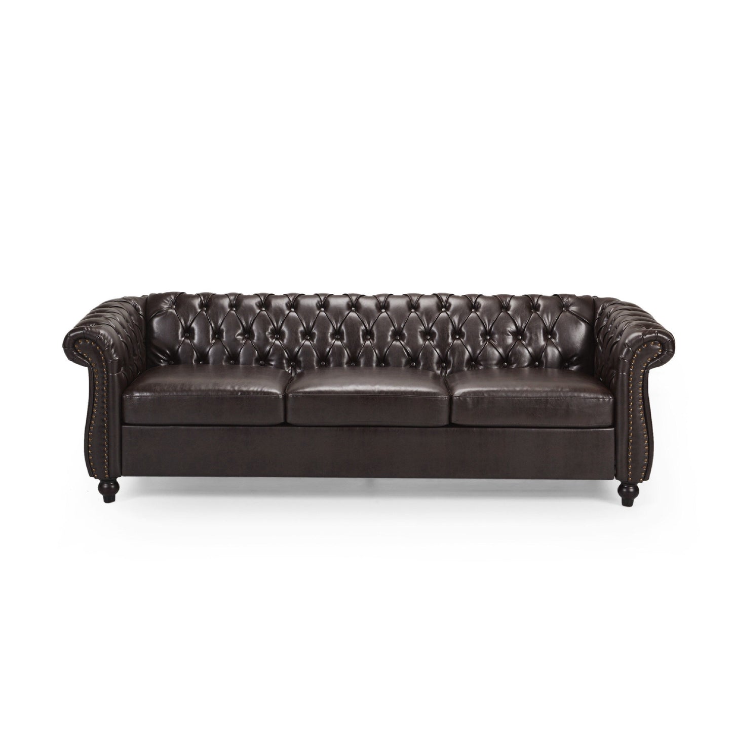 Nisy Sofa, Chesterfield Tufted Brown Faux Leather Back, 85 Inch