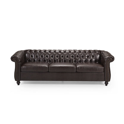 Nisy Sofa, Chesterfield Tufted Brown Faux Leather Back, 85 Inch