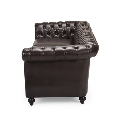 Nisy Sofa, Chesterfield Tufted Brown Faux Leather Back, 85 Inch