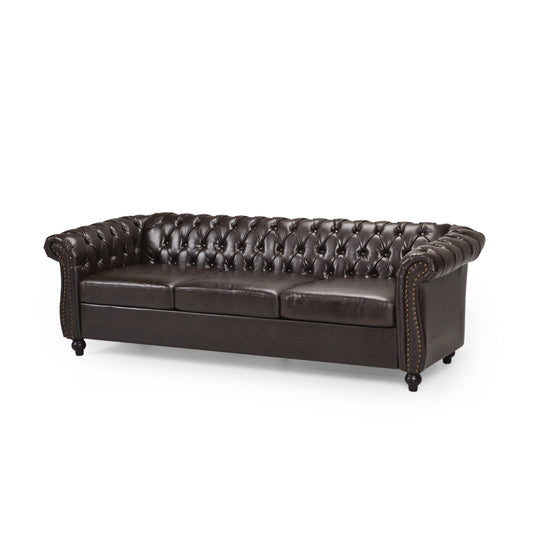 Nisy Sofa, Chesterfield Tufted Brown Faux Leather Back, 85 Inch