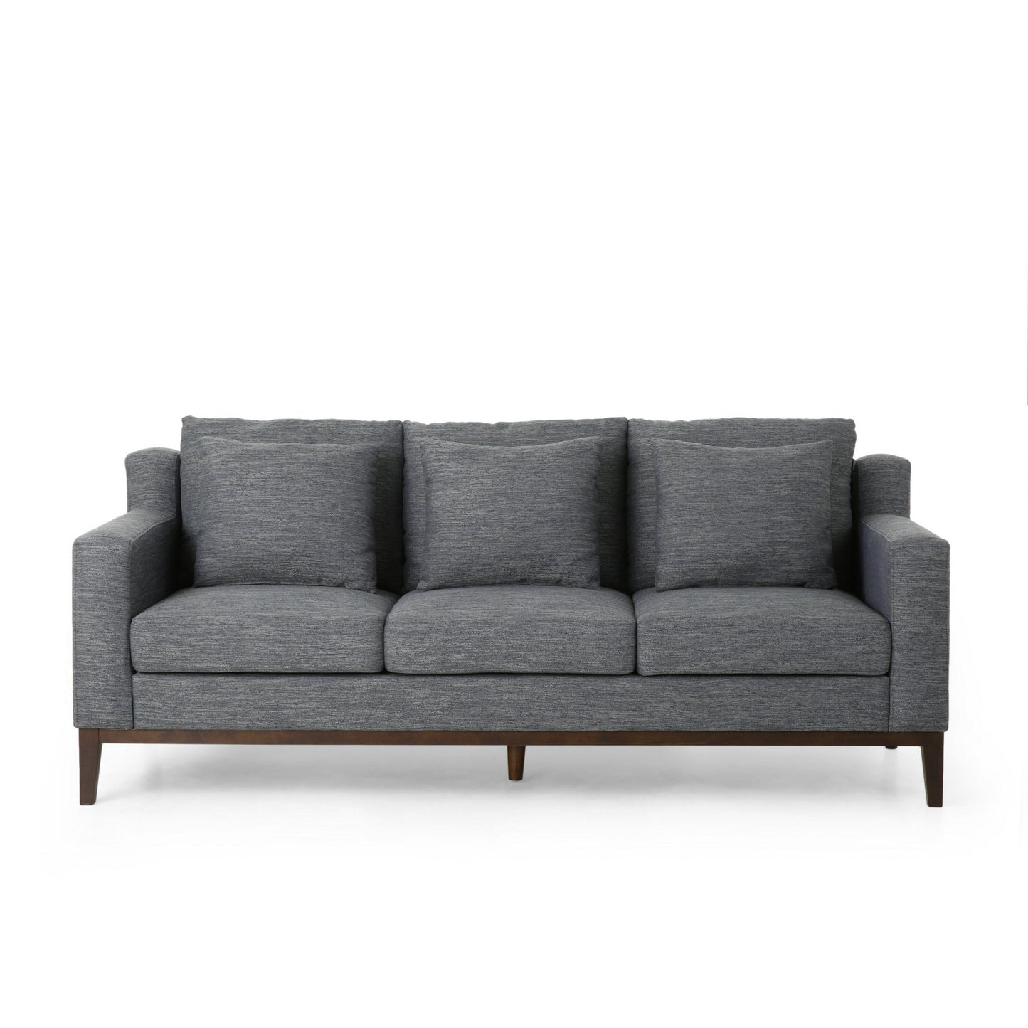 Noah Sofa, 3 Pillows, Gray Polyester Upholstery, Brown Wood Trim, 80 Inch