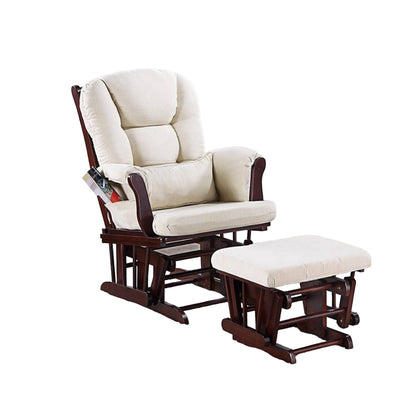Noni Glider Manual Recliner Chair w Ottoman, Brown Wood, Square Beige