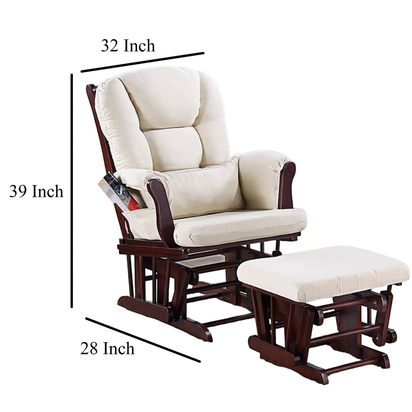 Noni Glider Manual Recliner Chair w Ottoman, Brown Wood, Square Beige