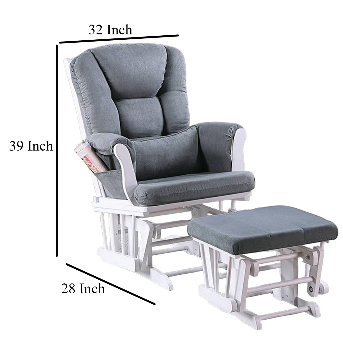 Noni Glider Manual Recliner Chair w Square Ottoman, White Wood, Gray