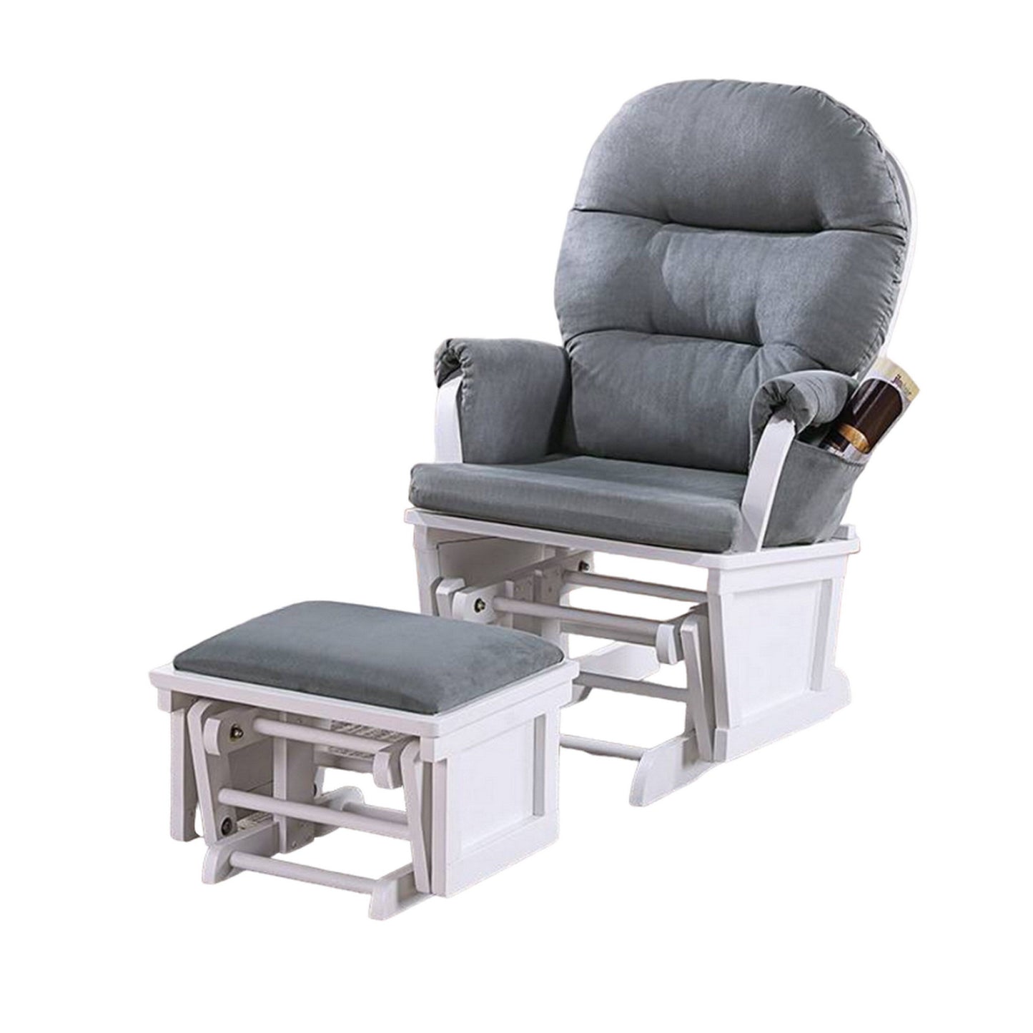 Noni Glider Manual Recliner Chair with Ottoman, White Wood, Gray