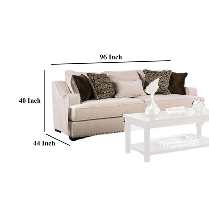 Nora Sofa, 4 Accent PIllows 1 Lumbar, Nailhead Trim, 96 Inch, Beige