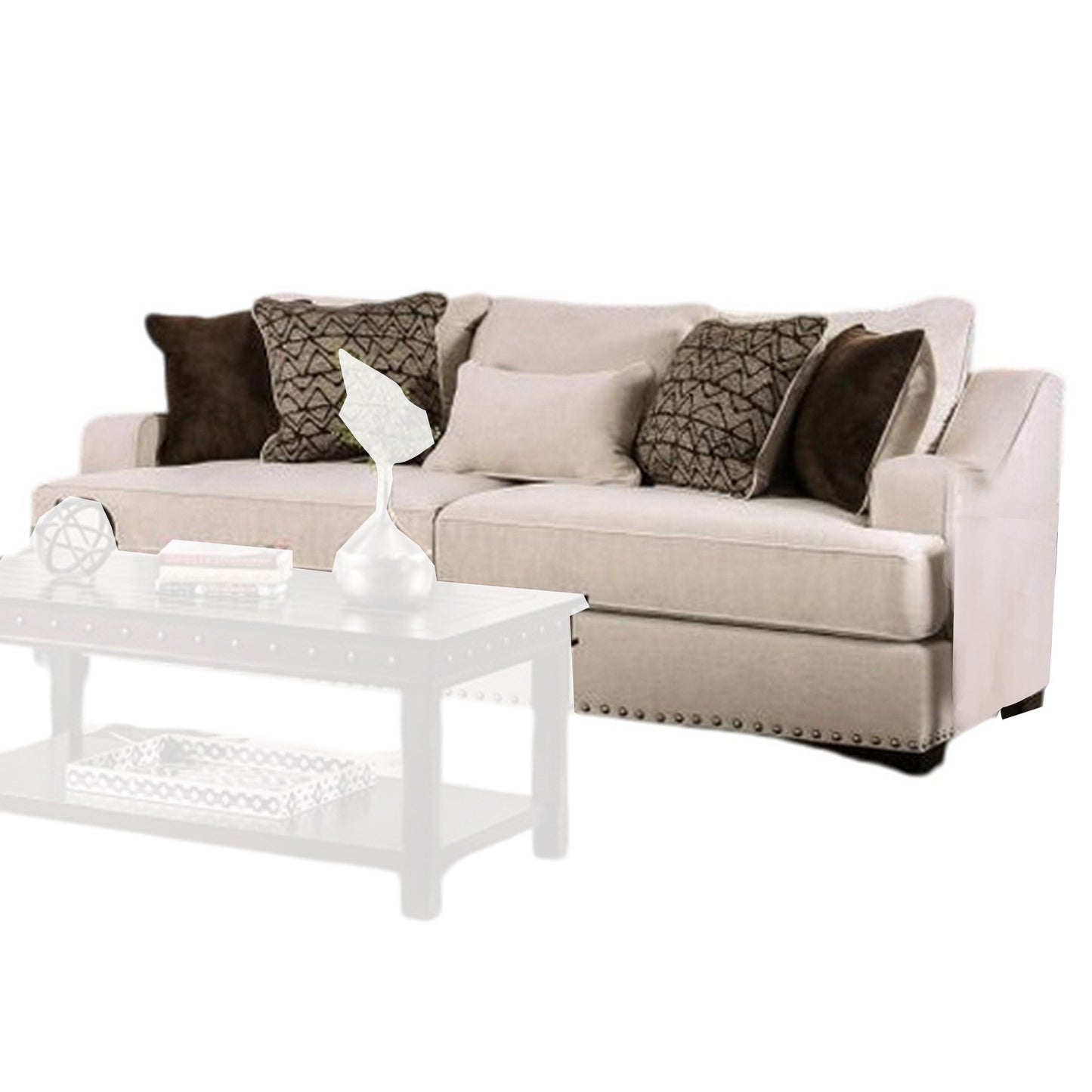 Nora Sofa, 4 Accent PIllows 1 Lumbar, Nailhead Trim, 96 Inch, Beige