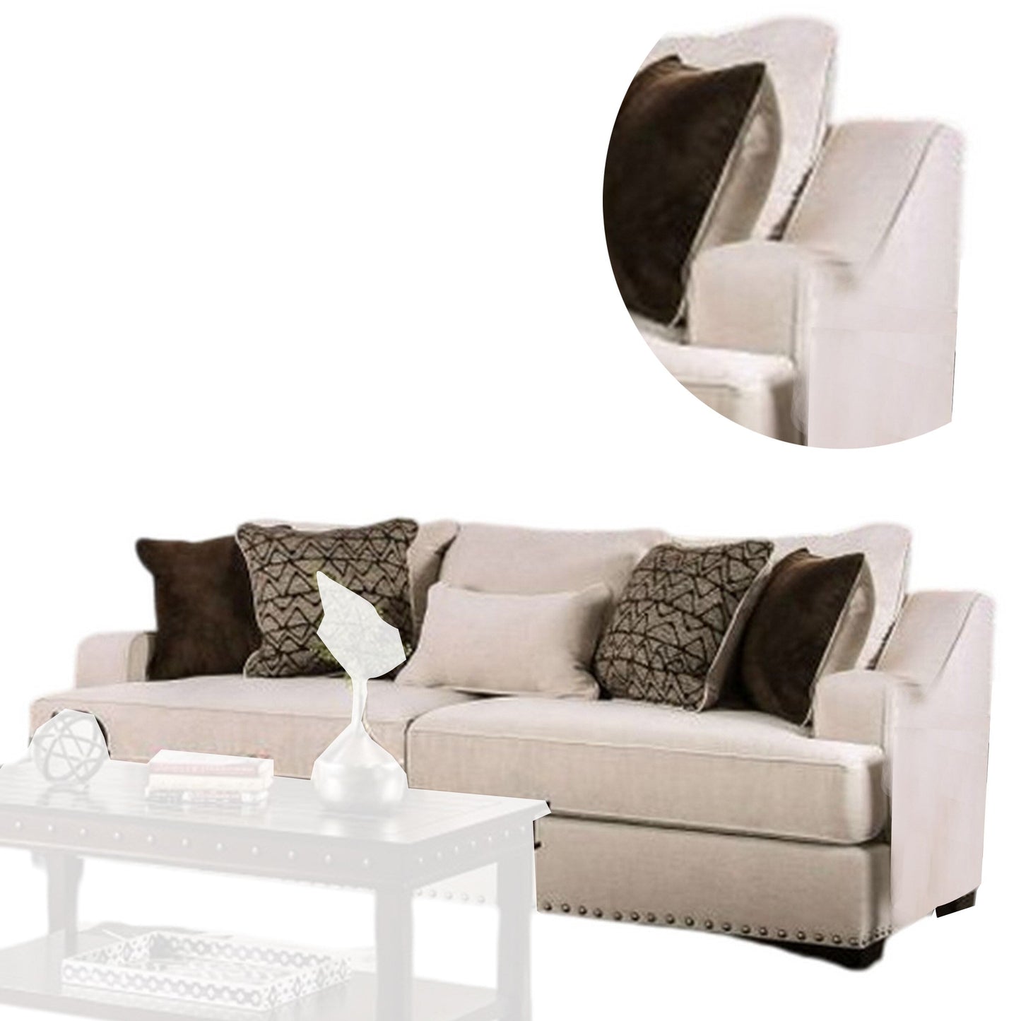 Nora Sofa, 4 Accent PIllows 1 Lumbar, Nailhead Trim, 96 Inch, Beige