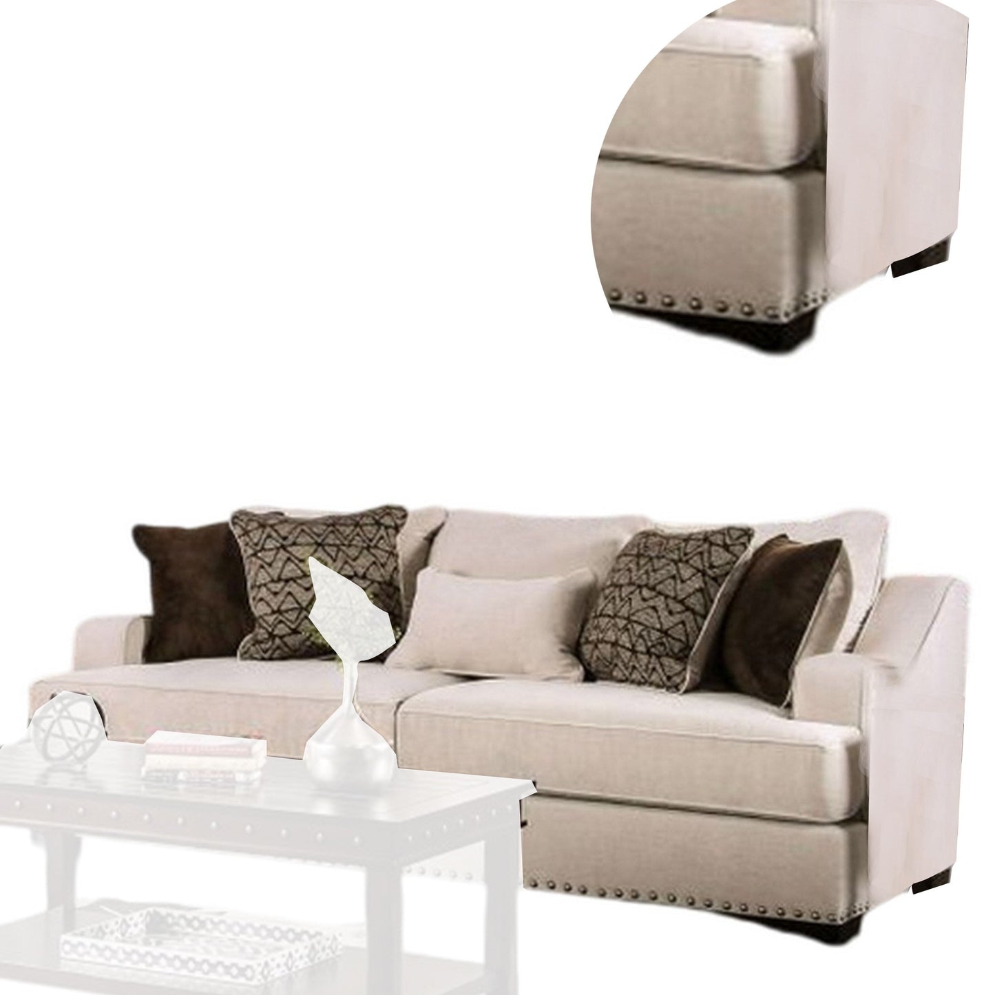 Nora Sofa, 4 Accent PIllows 1 Lumbar, Nailhead Trim, 96 Inch, Beige