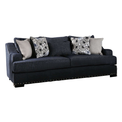 Nora Sofa, Dark Navy Blue, 5 Accent Pillows, Solid Wood, 96 Inch