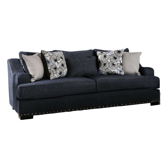 Nora Sofa, Dark Navy Blue, 5 Accent Pillows, Solid Wood, 96 Inch