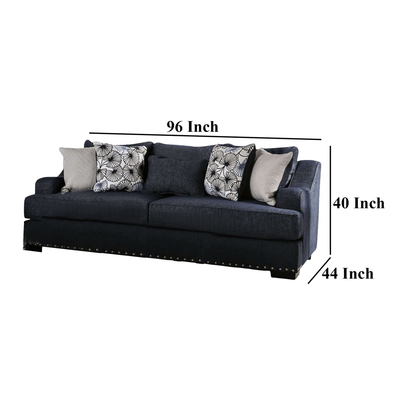 Nora Sofa, Dark Navy Blue, 5 Accent Pillows, Solid Wood, 96 Inch
