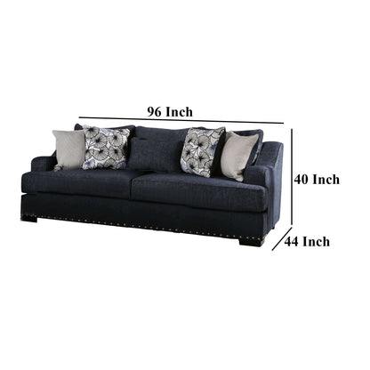 Nora Sofa, Dark Navy Blue, 5 Accent Pillows, Solid Wood, 96 Inch